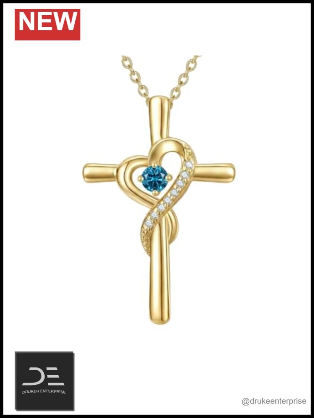 14K Gold Plated Birthstone Cross Pendant Necklace with Diamonds